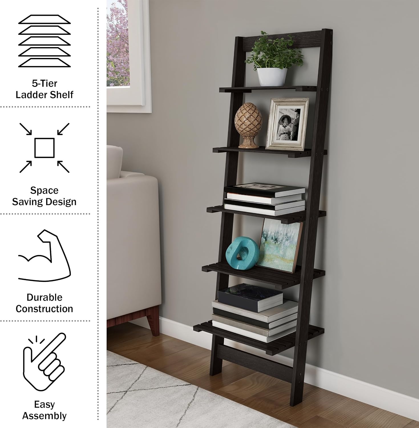 image:imageLavish Home 5Tier Ladder Shelf 50 Narrow Leaning Wood Bookcase for Small Spaces Decorative Storage in Living Room Office or Bathroom Black Modern Display Shelf