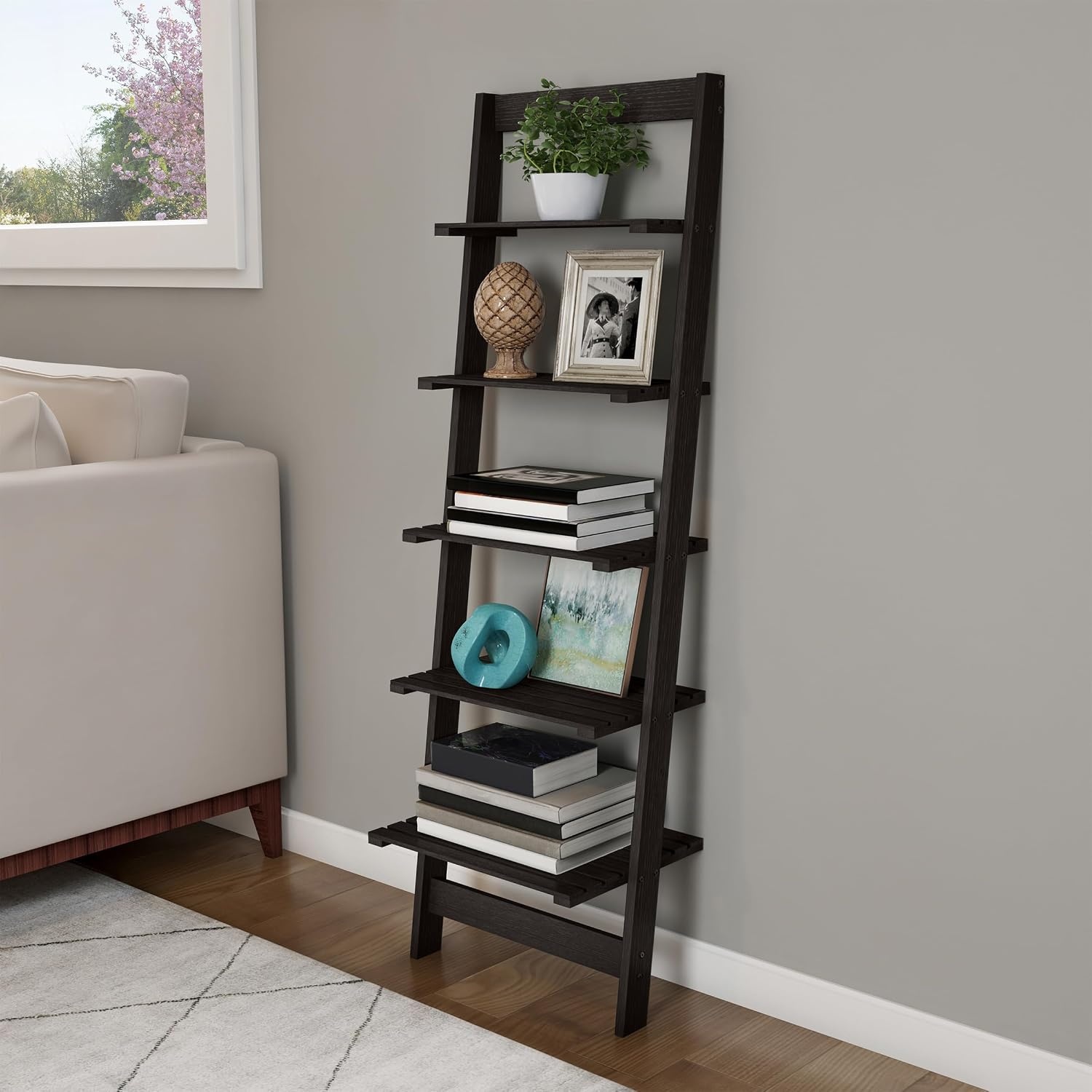 image:imageLavish Home 5Tier Ladder Shelf 50 Narrow Leaning Wood Bookcase for Small Spaces Decorative Storage in Living Room Office or Bathroom Black Modern Display Shelf