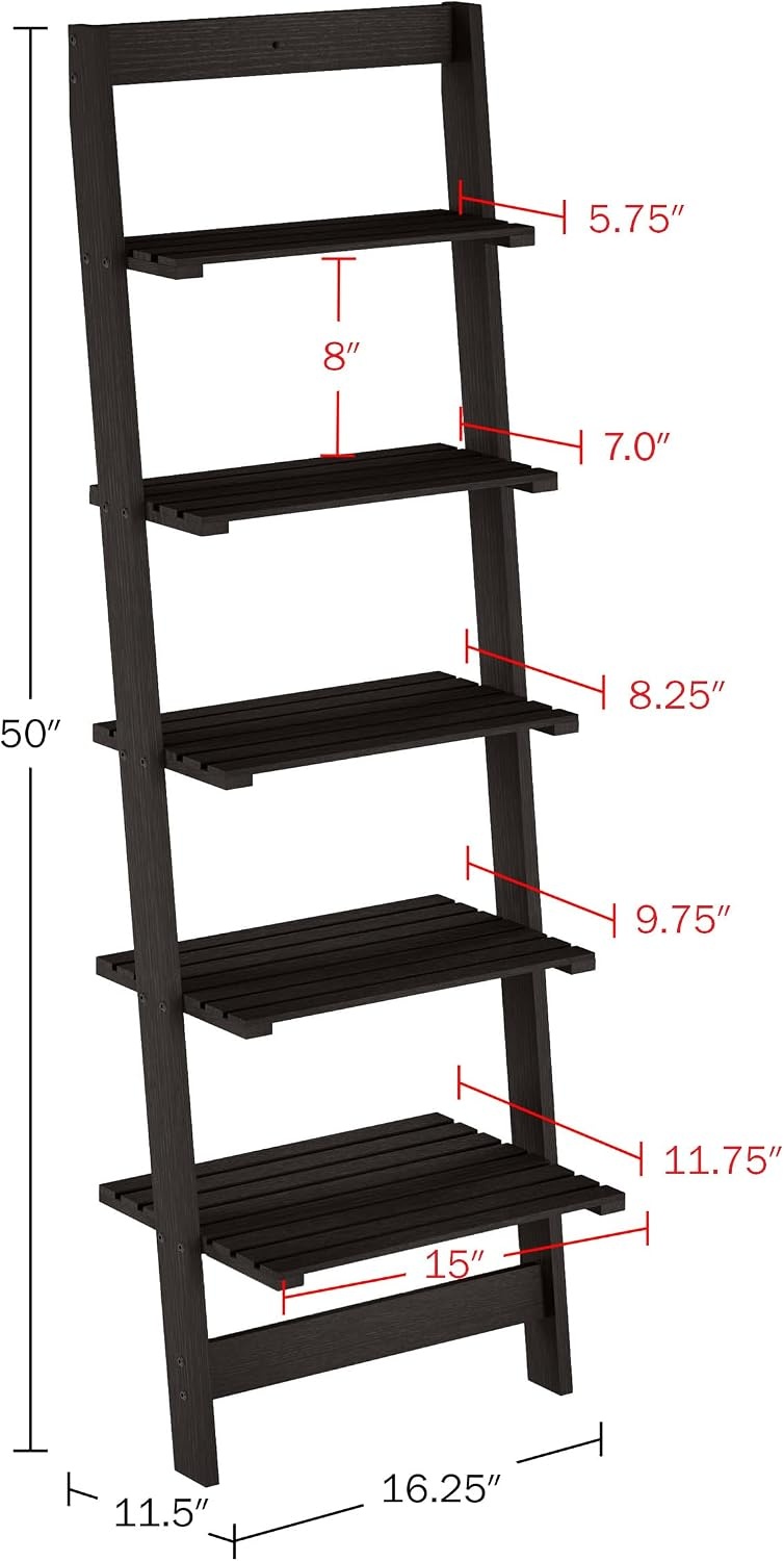 image:imageLavish Home 5Tier Ladder Shelf 50 Narrow Leaning Wood Bookcase for Small Spaces Decorative Storage in Living Room Office or Bathroom Black Modern Display Shelf
