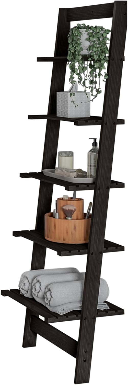image:imageLavish Home 5Tier Ladder Shelf 50 Narrow Leaning Wood Bookcase for Small Spaces Decorative Storage in Living Room Office or Bathroom Black Modern Display Shelf