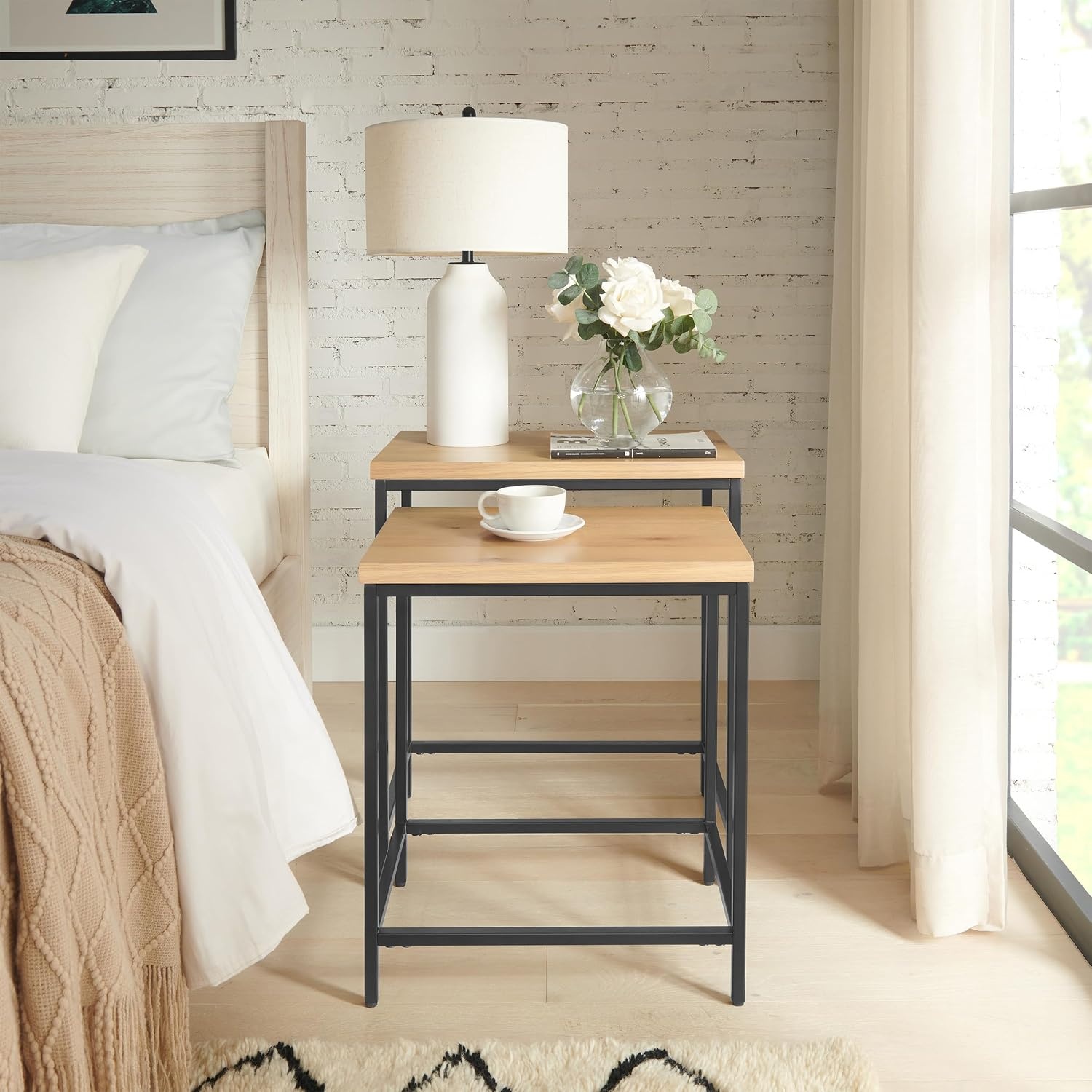 image:imageLavish Home Nesting Tables Oak Set of 2 21x15x2419x14x21 End Tables for Living Room Bedroom or Home Office Set with Wooden Tops and Metal Bases Modern Living Room Furniture2Piece Set