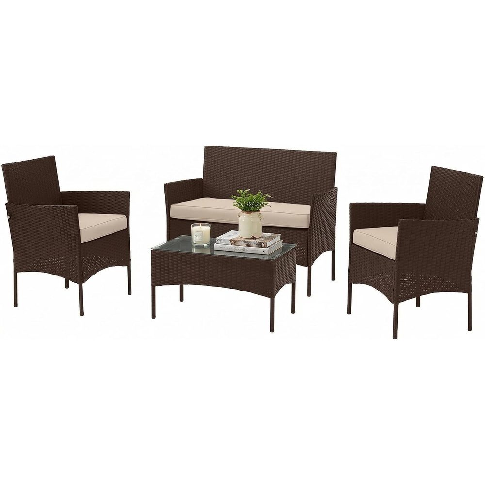 image:imageLavish Home 4Piece Patio Furniture Set Rattan Outdoor Couch 2 Patio Chairs and Table Combo Cushioned Deck Pool or Porch Furniture Brown