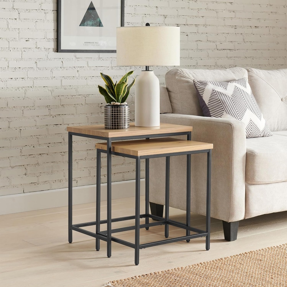 image:imageLavish Home Nesting Tables Oak Set of 2 21x15x2419x14x21 End Tables for Living Room Bedroom or Home Office Set with Wooden Tops and Metal Bases Modern Living Room Furniture2Piece Set