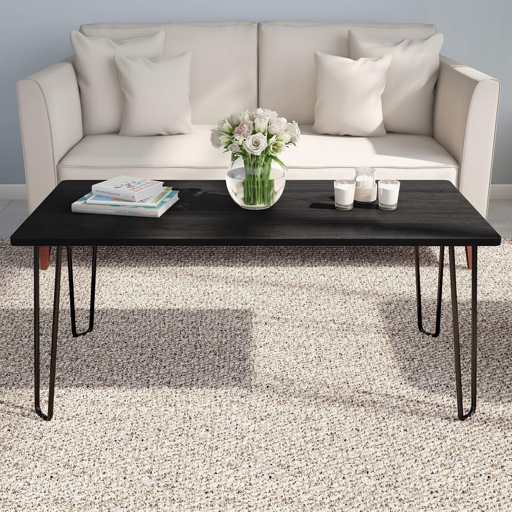image:imageLavish Home Small Space Coffee Table with Hairpin Legs Minimalist Industrial Living Room Table with WoodgrainLook Top and Steel Legs GrayBlack Woodgrain
