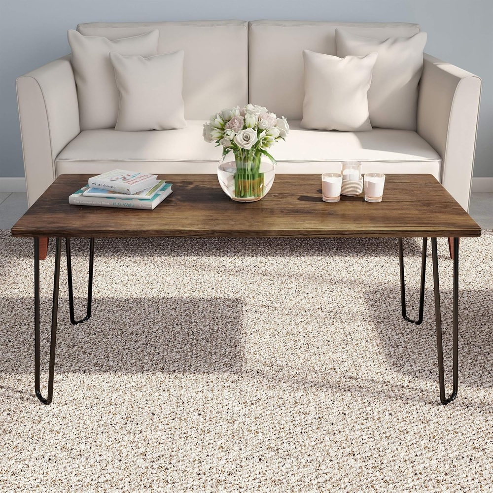 image:imageLavish Home Small Space Coffee Table with Hairpin Legs Minimalist Industrial Living Room Table with WoodgrainLook Top and Steel Legs GrayBrown Woodgrain