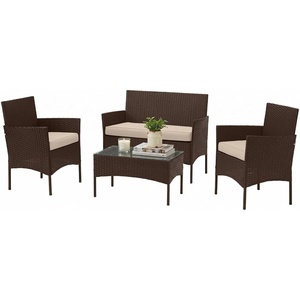 Lavish Home 4-Piece Patio Furniture Set – Rattan Outdoor Couch, 2 Patio Chairs, and Table Combo – Cushioned Deck, Pool, or Porch Furniture (Brown)