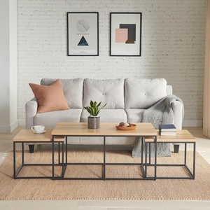 Lavish Home Nesting Tables, Oak, Set of 2, 21”x15”x24”/19”x14”x21” | End Tables for Living Room, Bedroom, or Home Office – Set with Wooden Tops and Metal Bases – Modern Living Room Furniture(3-Piece Set)