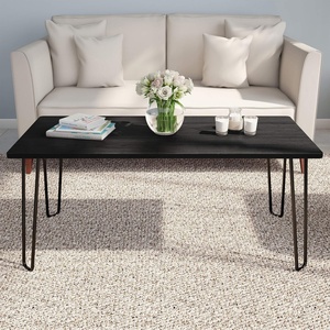 Lavish Home Small Space Coffee Table with Hairpin Legs – Minimalist Industrial Living Room Table with Woodgrain-Look Top and Steel Legs (Gray)(Black Woodgrain)