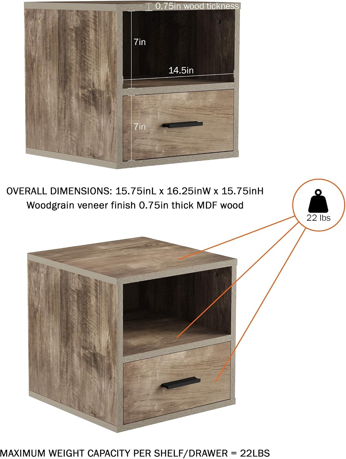 image:imageLavish Home End Stackable Contemporary Minimalist Modular Cube Accent Table with Drawer for Bedroom Living Room or Office GrayGrey