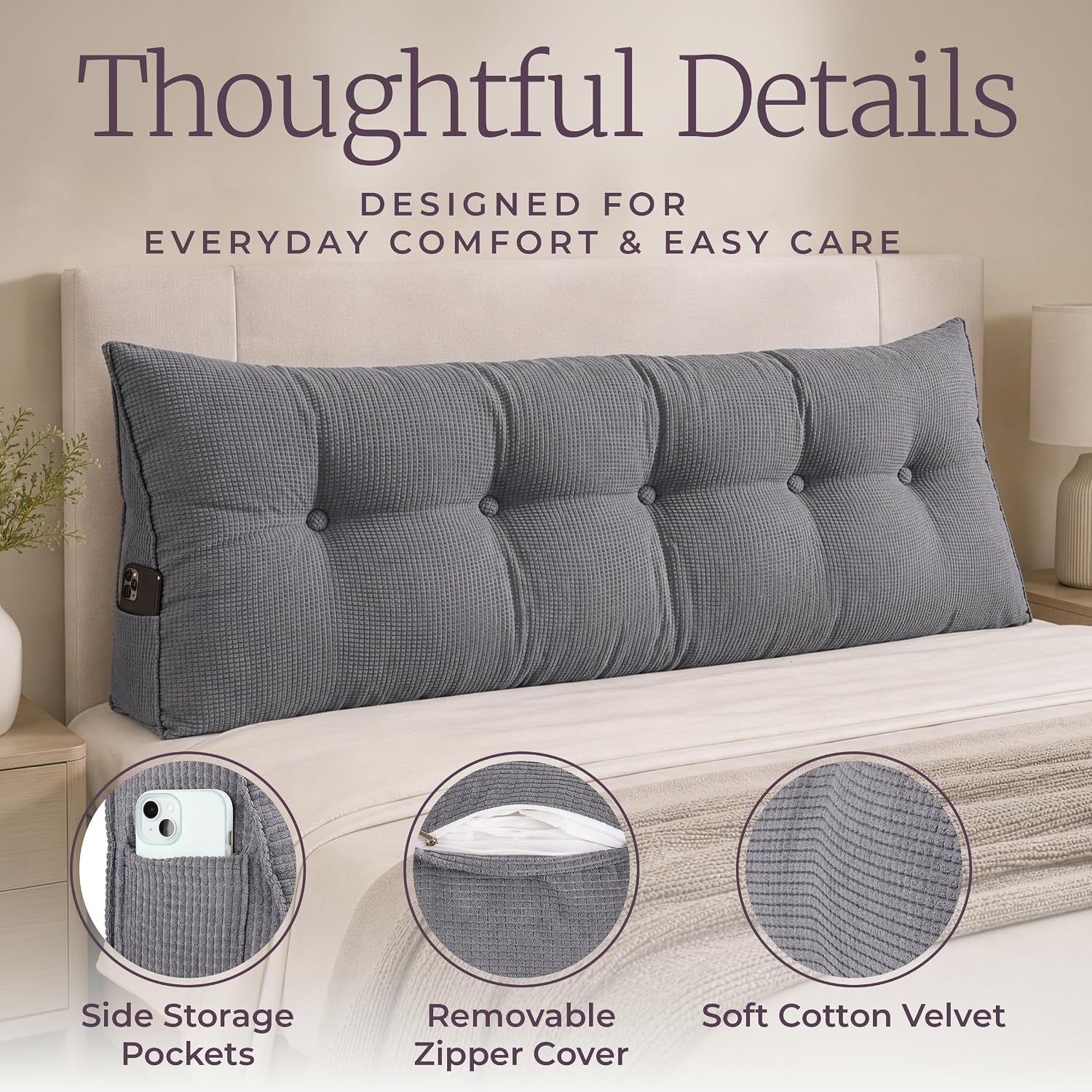 image:imageLavish Home Triangle Headboard Pillow Queen Gray 59 x 196King