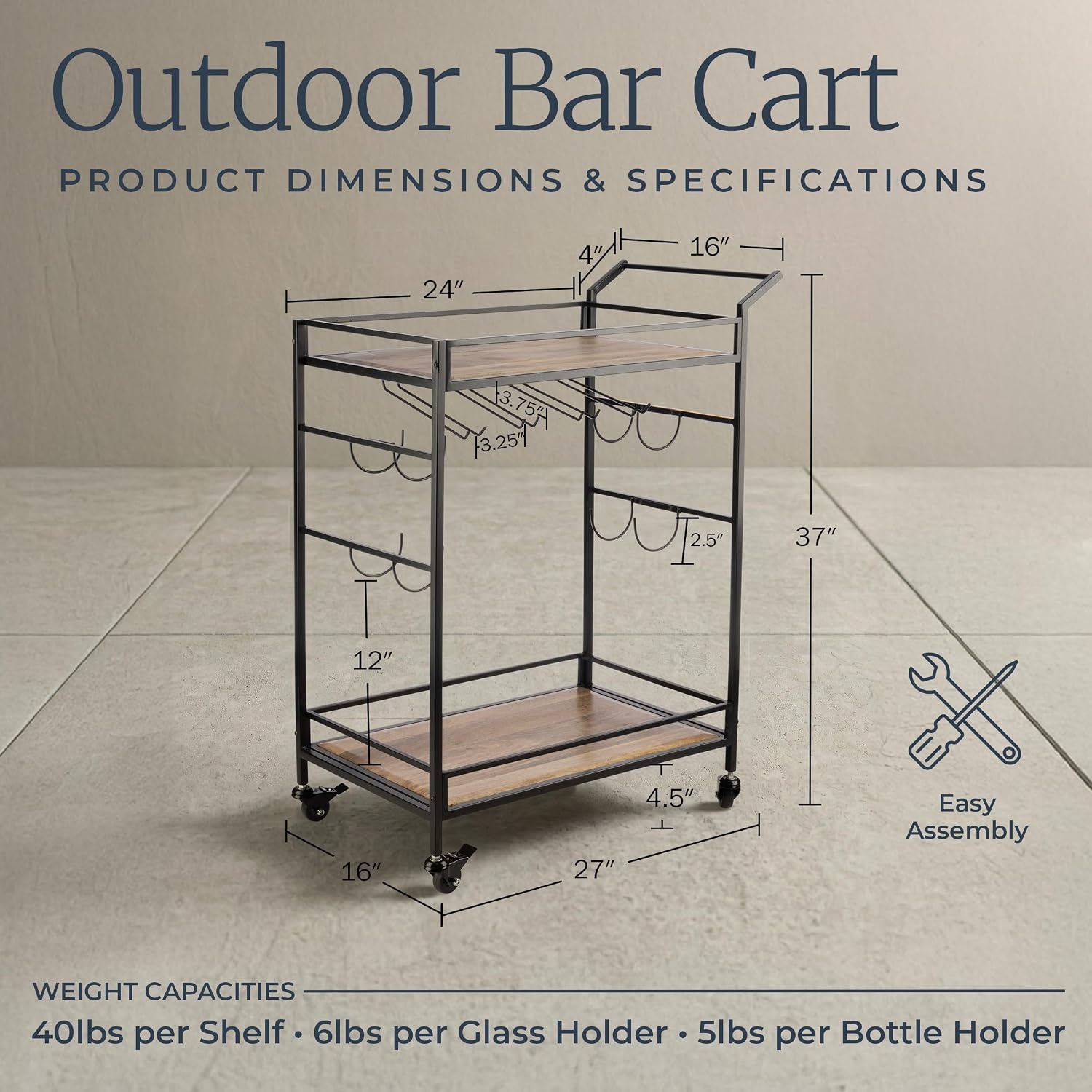 image:imageLavish Home Indoor Outdoor Bar Cart with Locking Wheels and Wine Rack