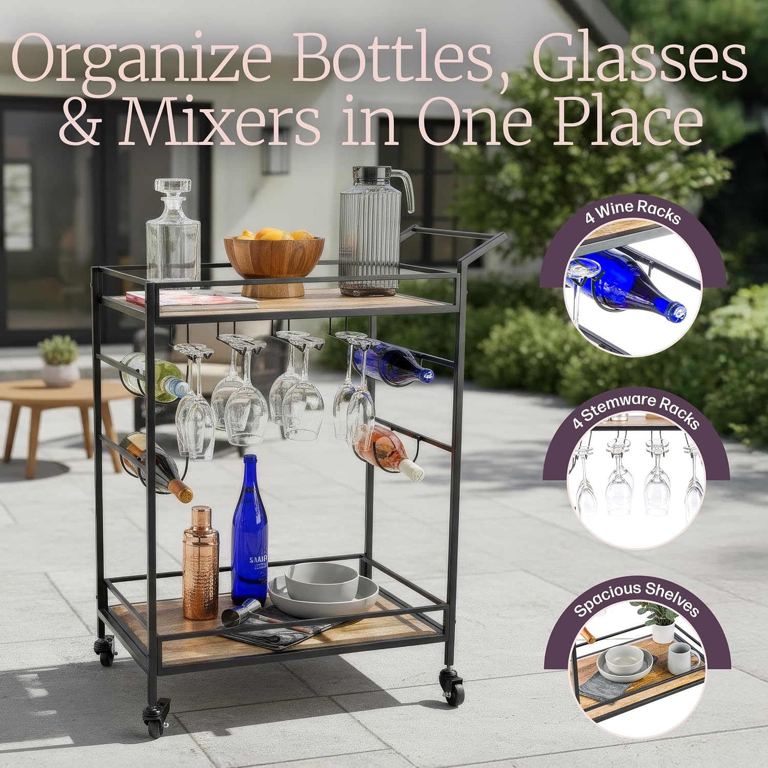 image:imageLavish Home Indoor Outdoor Bar Cart with Locking Wheels and Wine Rack