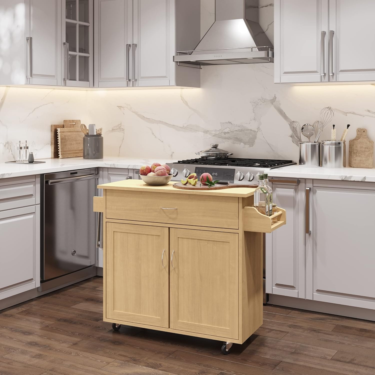 image:imageLavish Home Mobile Kitchen Island with Spice Rack Shelves amp Cabinet WhiteOak