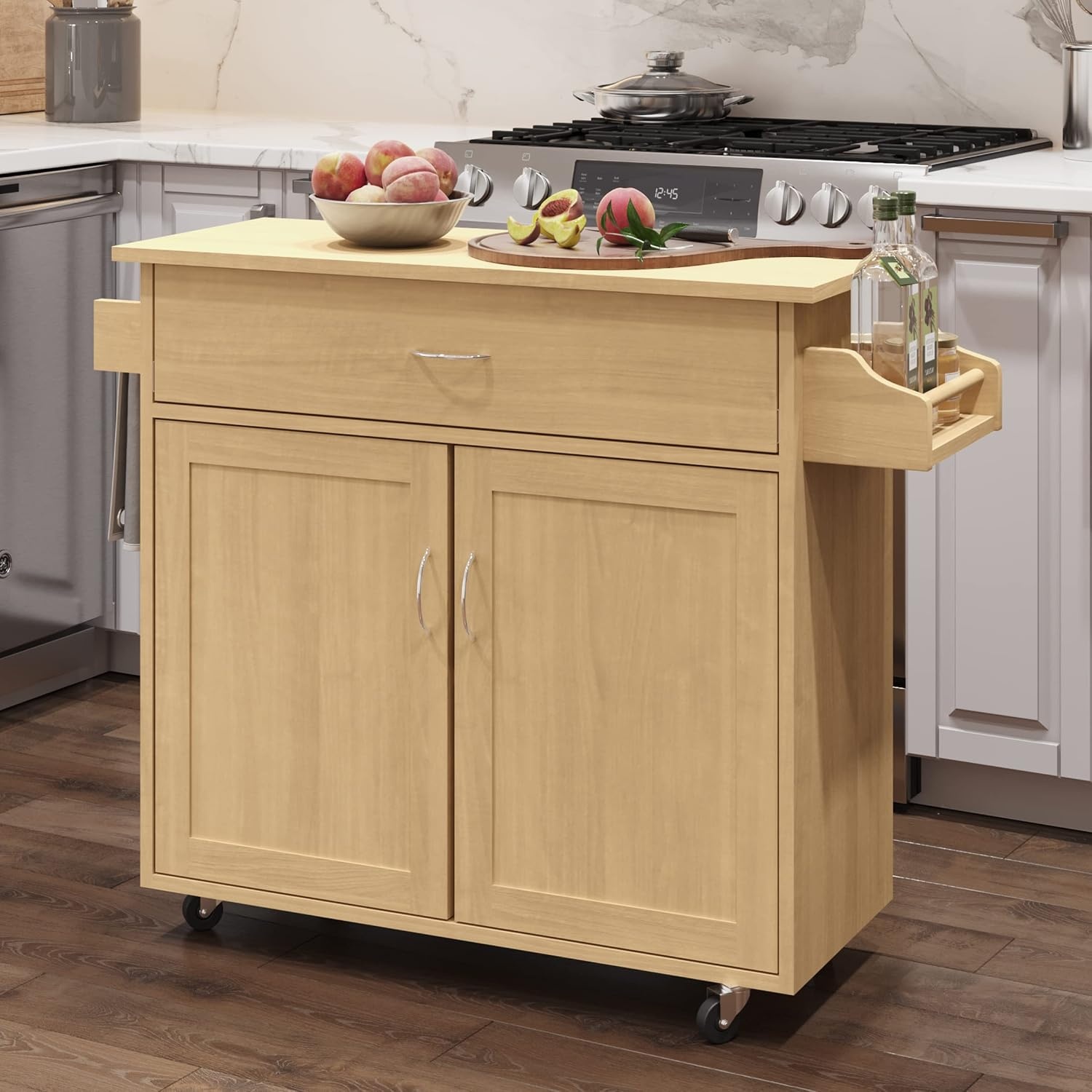 image:imageLavish Home Mobile Kitchen Island with Spice Rack Shelves amp Cabinet WhiteOak