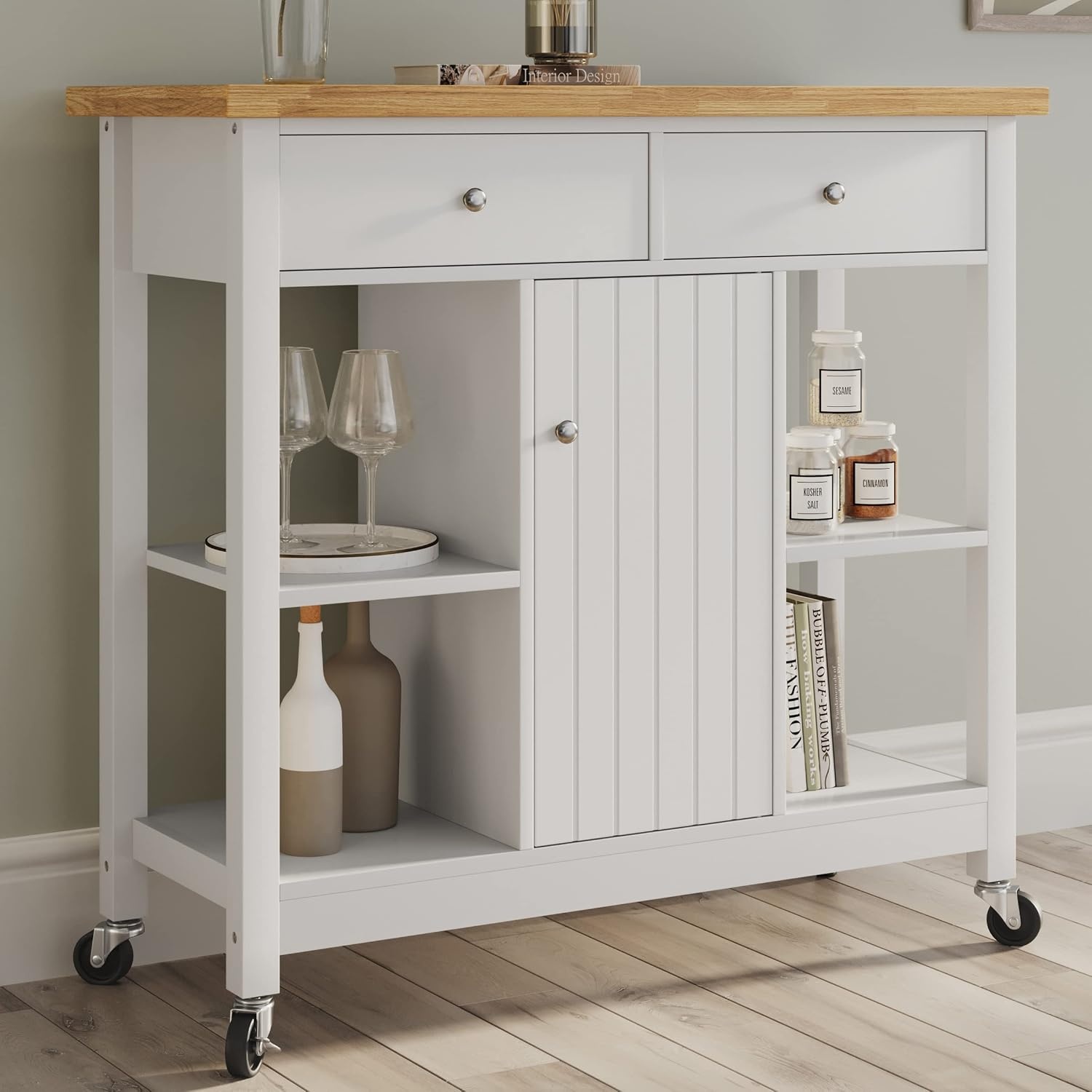 image:imageLavish Home Mobile Kitchen Island with Spice Rack Shelves amp Cabinet WhiteWhite