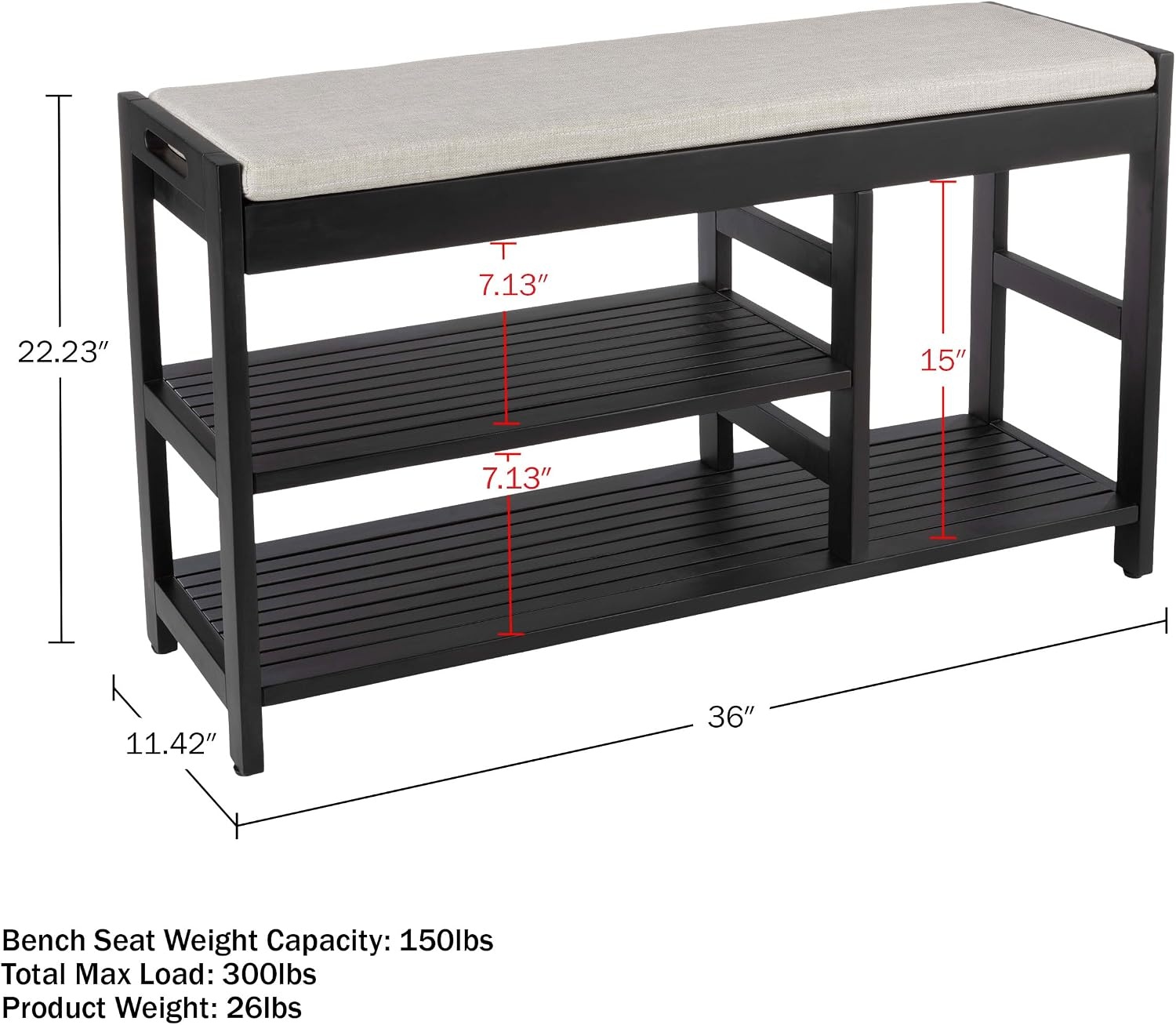 image:imageLavish Home Shoe Bench 3Tier Wooden Shoe Rack for Entryway Mudroom or Bedroom Entryway Shoe Storage with Padded Seat Cushion BlackBlack