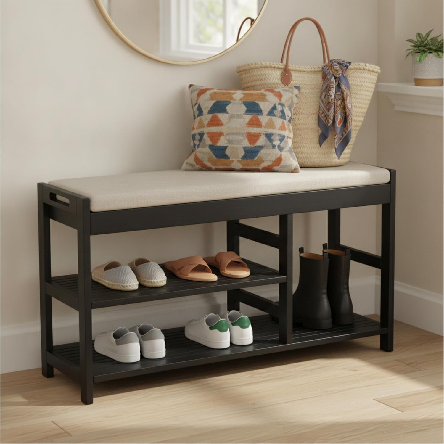 image:imageLavish Home Shoe Bench 3Tier Wooden Shoe Rack for Entryway Mudroom or Bedroom Entryway Shoe Storage with Padded Seat Cushion BlackBlack