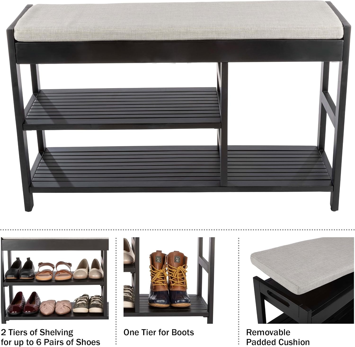 image:imageLavish Home Shoe Bench 3Tier Wooden Shoe Rack for Entryway Mudroom or Bedroom Entryway Shoe Storage with Padded Seat Cushion BlackBlack