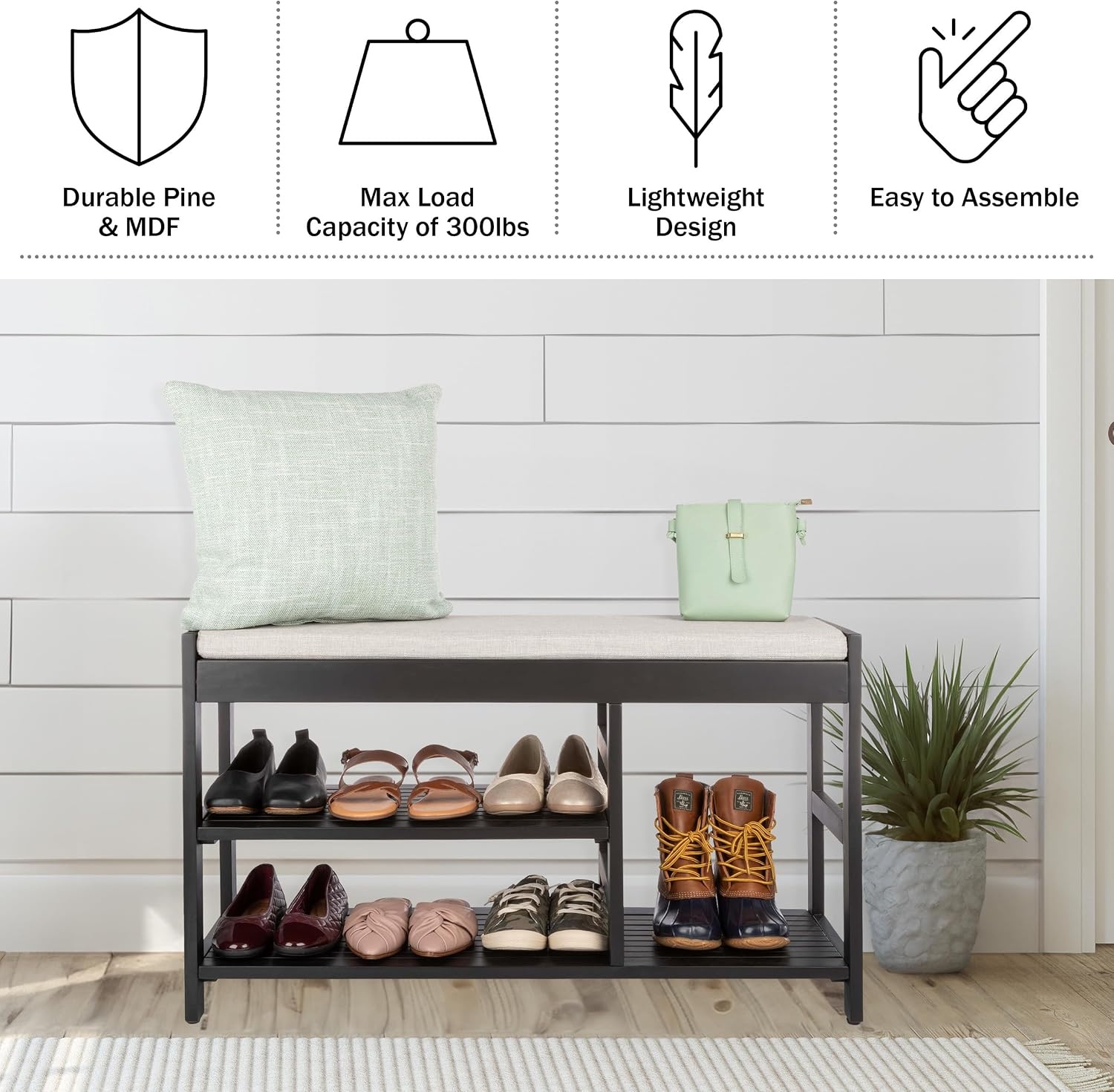 image:imageLavish Home Shoe Bench 3Tier Wooden Shoe Rack for Entryway Mudroom or Bedroom Entryway Shoe Storage with Padded Seat Cushion BlackBlack