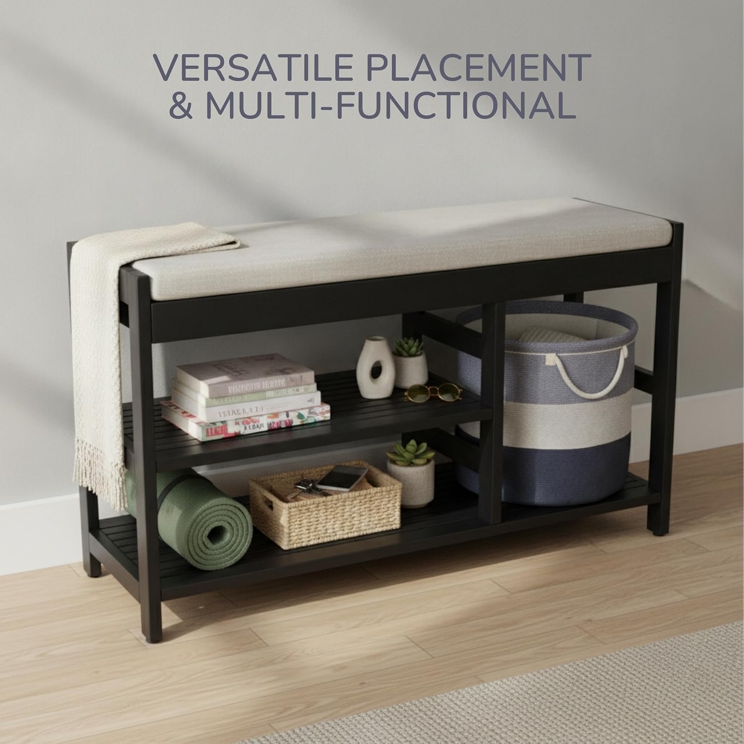 image:imageLavish Home Shoe Bench 3Tier Wooden Shoe Rack for Entryway Mudroom or Bedroom Entryway Shoe Storage with Padded Seat Cushion BlackBlack