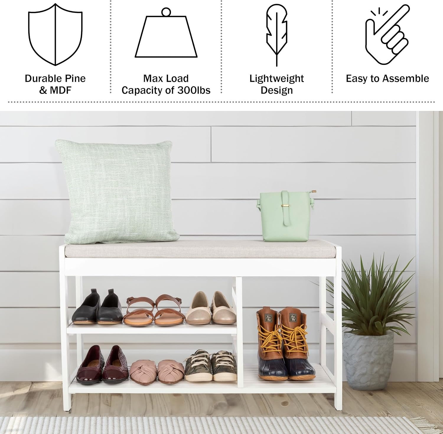 image:imageLavish Home Shoe Bench 3Tier Wooden Shoe Rack for Entryway Mudroom or Bedroom Entryway Shoe Storage with Padded Seat Cushion BlackWhite