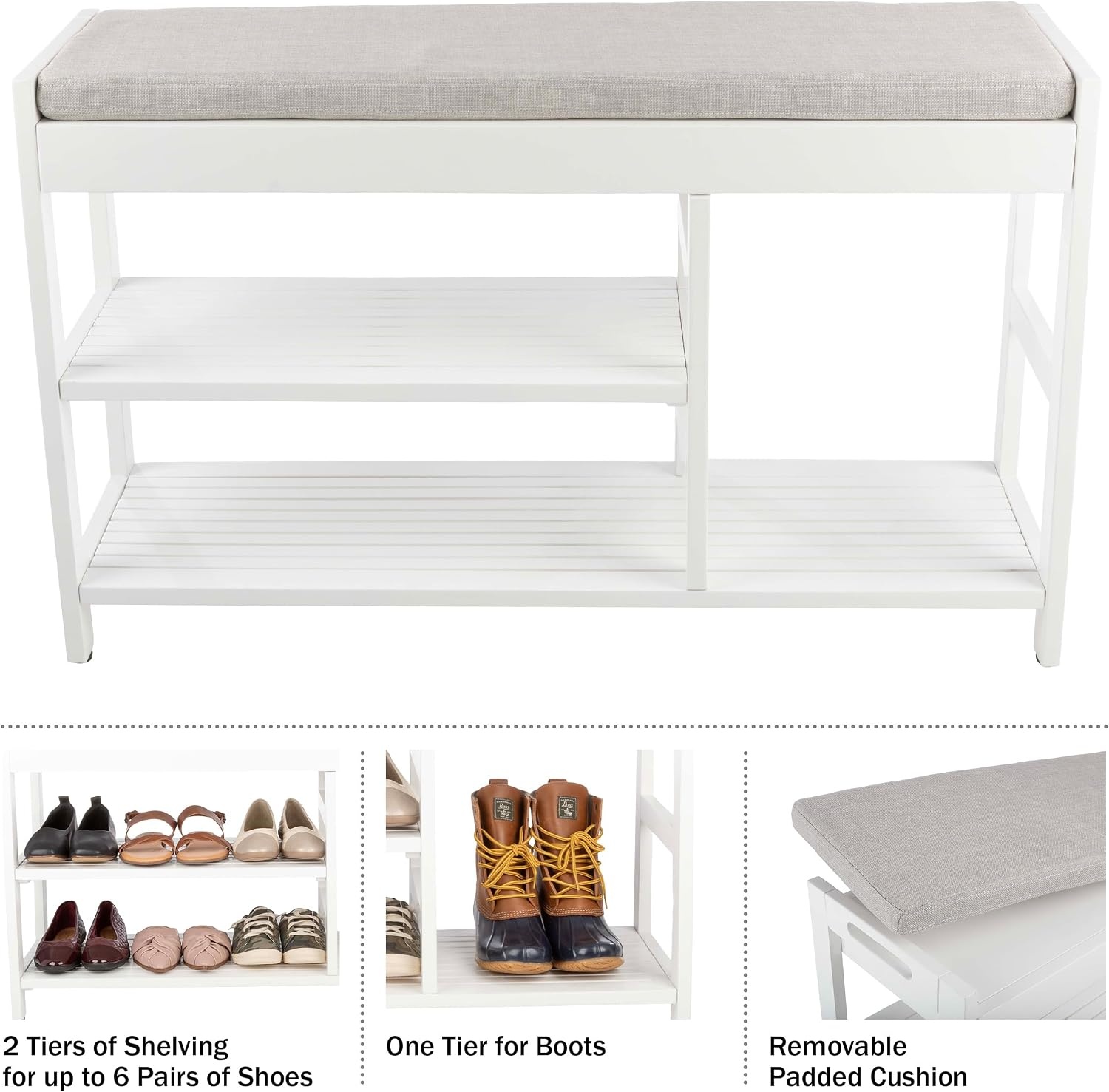 image:imageLavish Home Shoe Bench 3Tier Wooden Shoe Rack for Entryway Mudroom or Bedroom Entryway Shoe Storage with Padded Seat Cushion BlackWhite