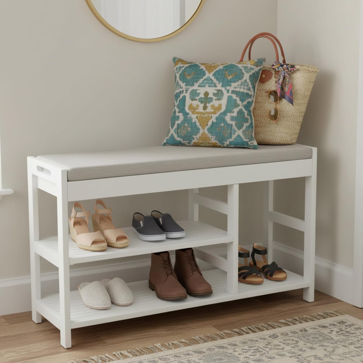 image:imageLavish Home Shoe Bench 3Tier Wooden Shoe Rack for Entryway Mudroom or Bedroom Entryway Shoe Storage with Padded Seat Cushion BlackWhite