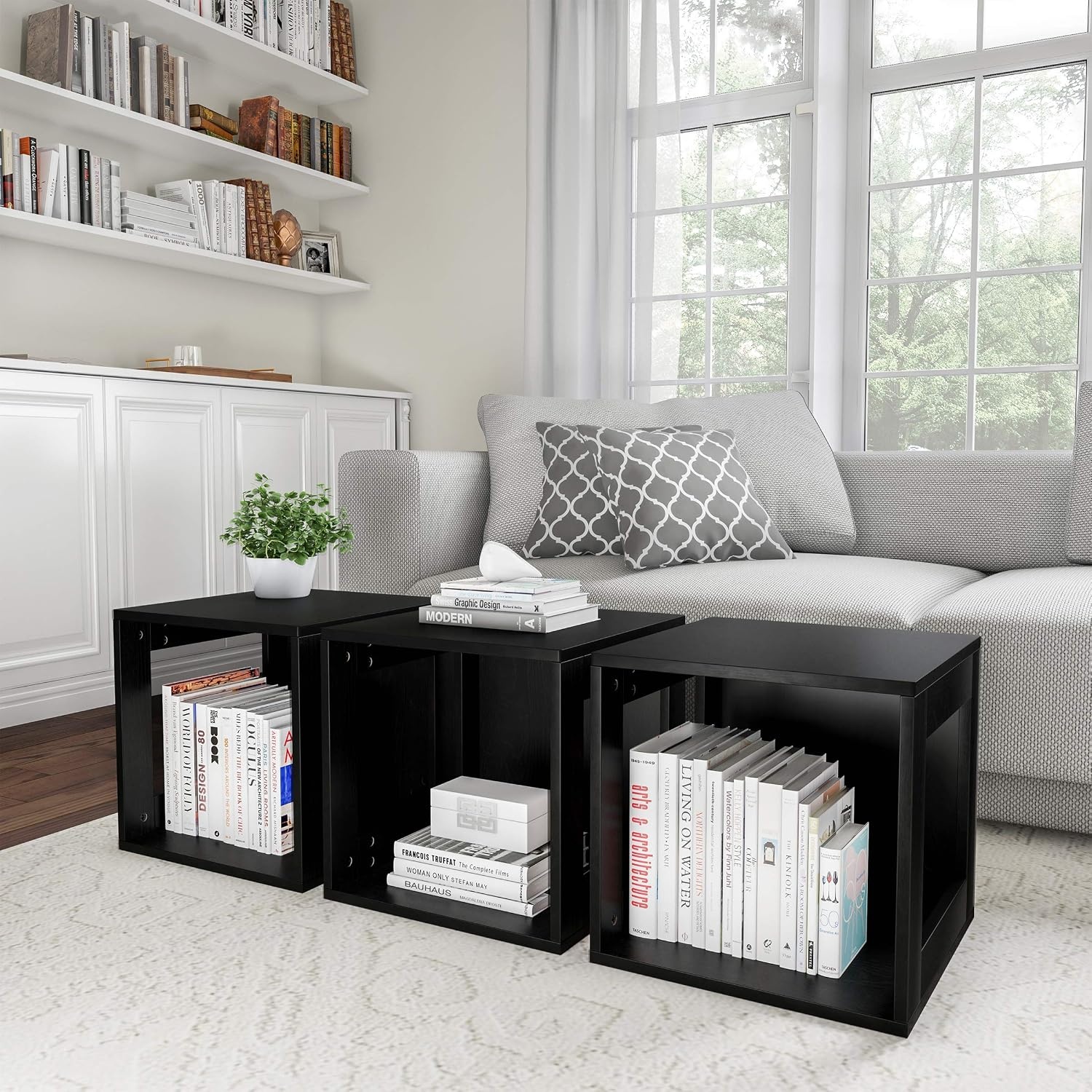 image:imageLavish Home Side Table with Storage Set of 2 Minimalist Modern Nightstand or End Table with Open Sides Stackable Modular Accent Table for Bedroom Living Room or Office Gray WoodgrainBlack