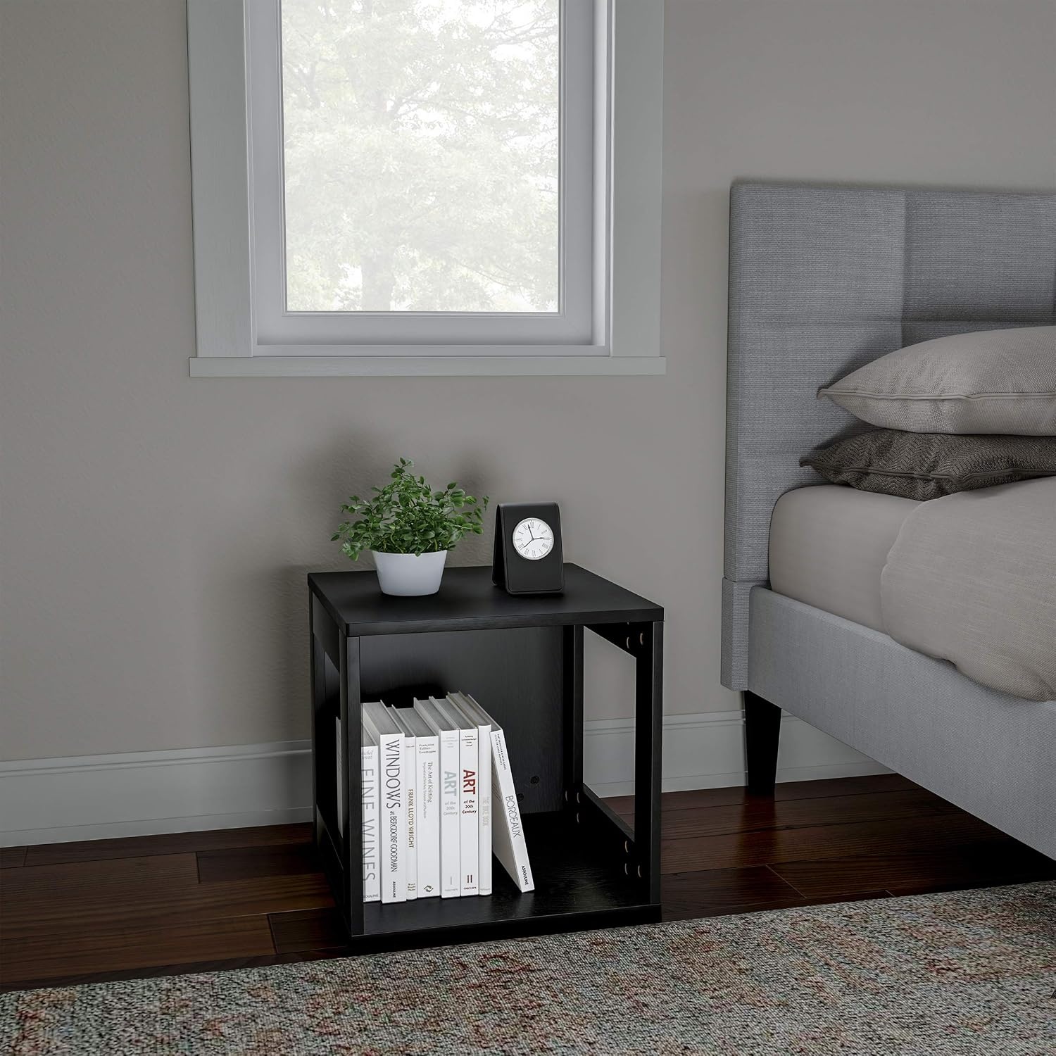 image:imageLavish Home Side Table with Storage Set of 2 Minimalist Modern Nightstand or End Table with Open Sides Stackable Modular Accent Table for Bedroom Living Room or Office Gray WoodgrainBlack