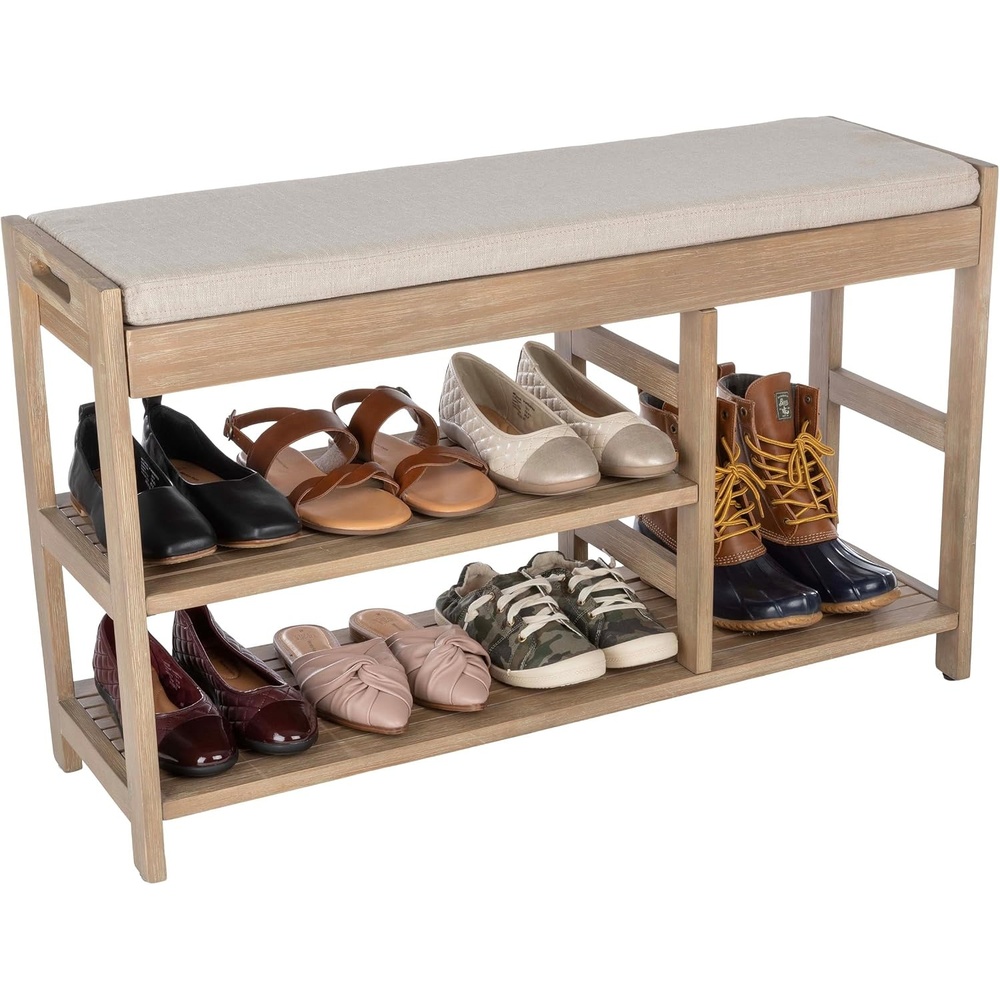 image:imageLavish Home Shoe Bench 3Tier Wooden Shoe Rack for Entryway Mudroom or Bedroom Entryway Shoe Storage with Padded Seat Cushion BlackBrown