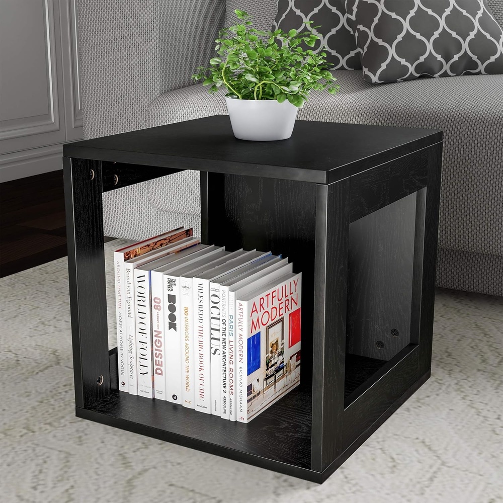 image:imageLavish Home Side Table with Storage Set of 2 Minimalist Modern Nightstand or End Table with Open Sides Stackable Modular Accent Table for Bedroom Living Room or Office Gray WoodgrainBlack