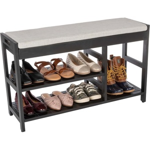 Lavish Home Shoe Bench – 3-Tier Wooden Shoe Rack for Entryway, Mudroom, or Bedroom – Entryway Shoe Storage with Padded Seat Cushion (Black)(Black)