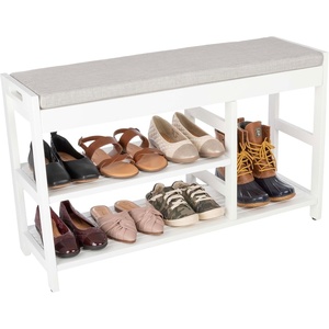 Lavish Home Shoe Bench – 3-Tier Wooden Shoe Rack for Entryway, Mudroom, or Bedroom – Entryway Shoe Storage with Padded Seat Cushion (Black)(White)