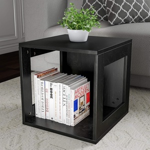 Lavish Home Side Table with Storage – Set of 2 Minimalist Modern Nightstand or End Table with Open Sides – Stackable Modular Accent Table for Bedroom, Living Room, or Office (Gray Woodgrain)(Black)