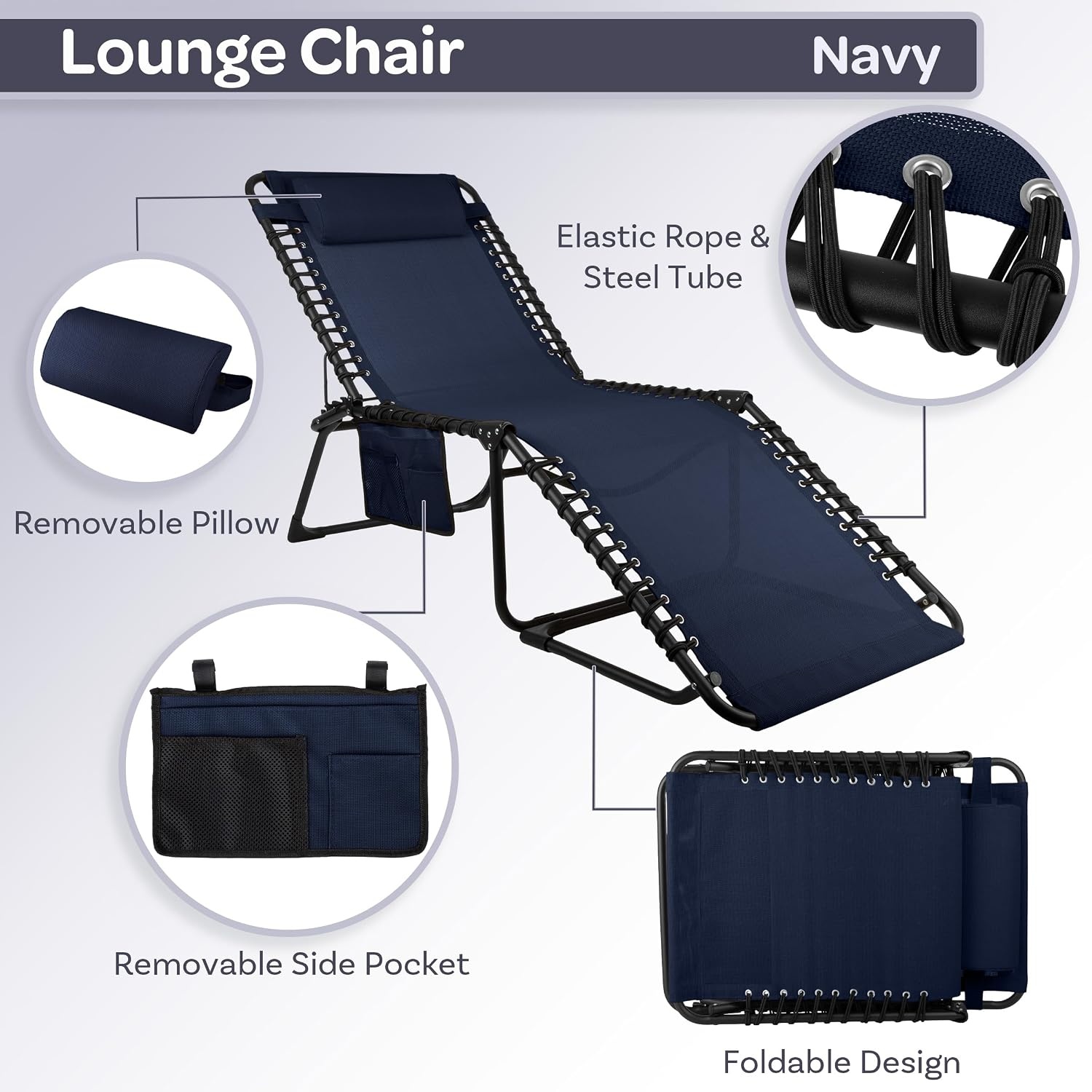 image:imageFolding Lounge Chair Outdoor Recliner 3 Position Chaise Lounge Outdoor Beach Tanning Chair with Side Pocket and Removable Pillow Portable Patio Furniture for Pool or Lawn by Lavish Home Navy