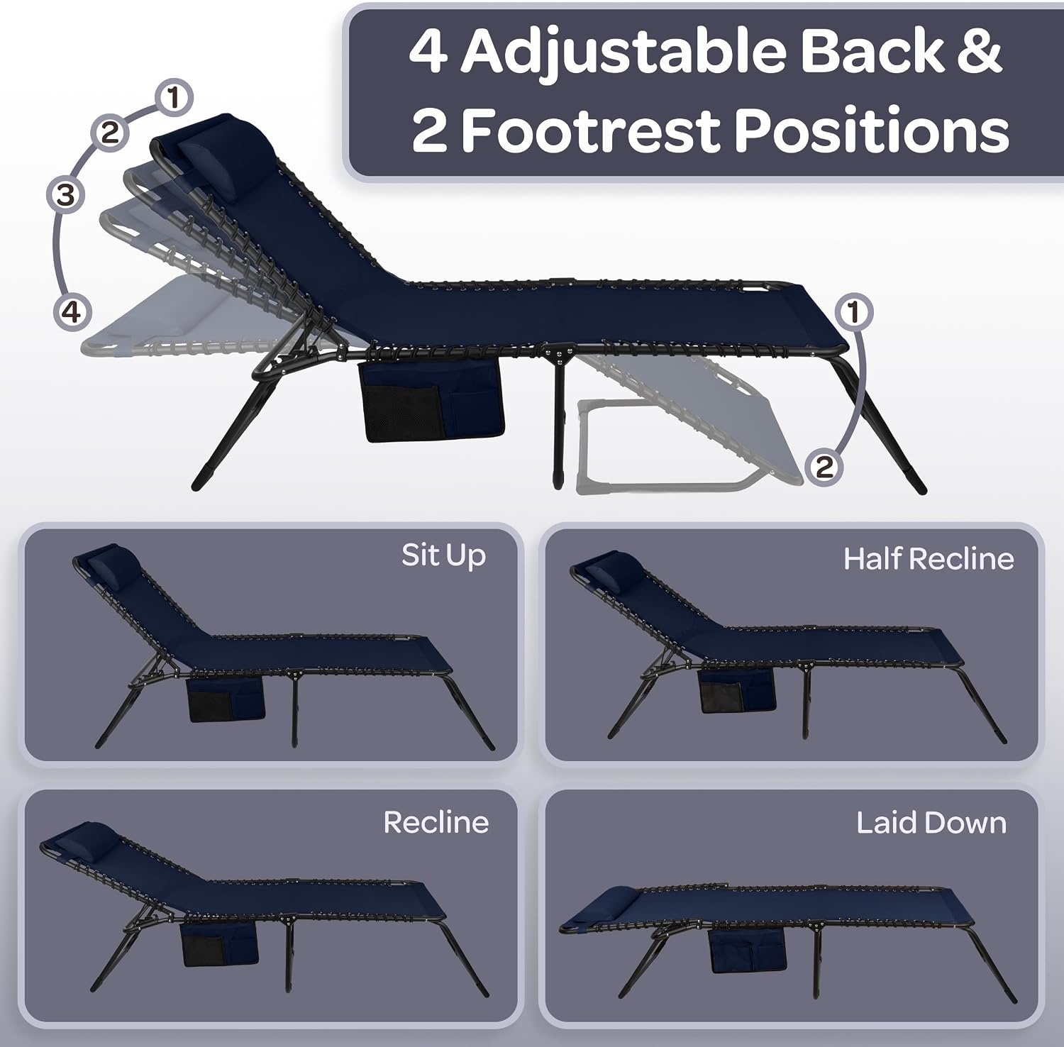 image:imageFolding Lounge Chair Outdoor Recliner 3 Position Chaise Lounge Outdoor Beach Tanning Chair with Side Pocket and Removable Pillow Portable Patio Furniture for Pool or Lawn by Lavish Home Navy