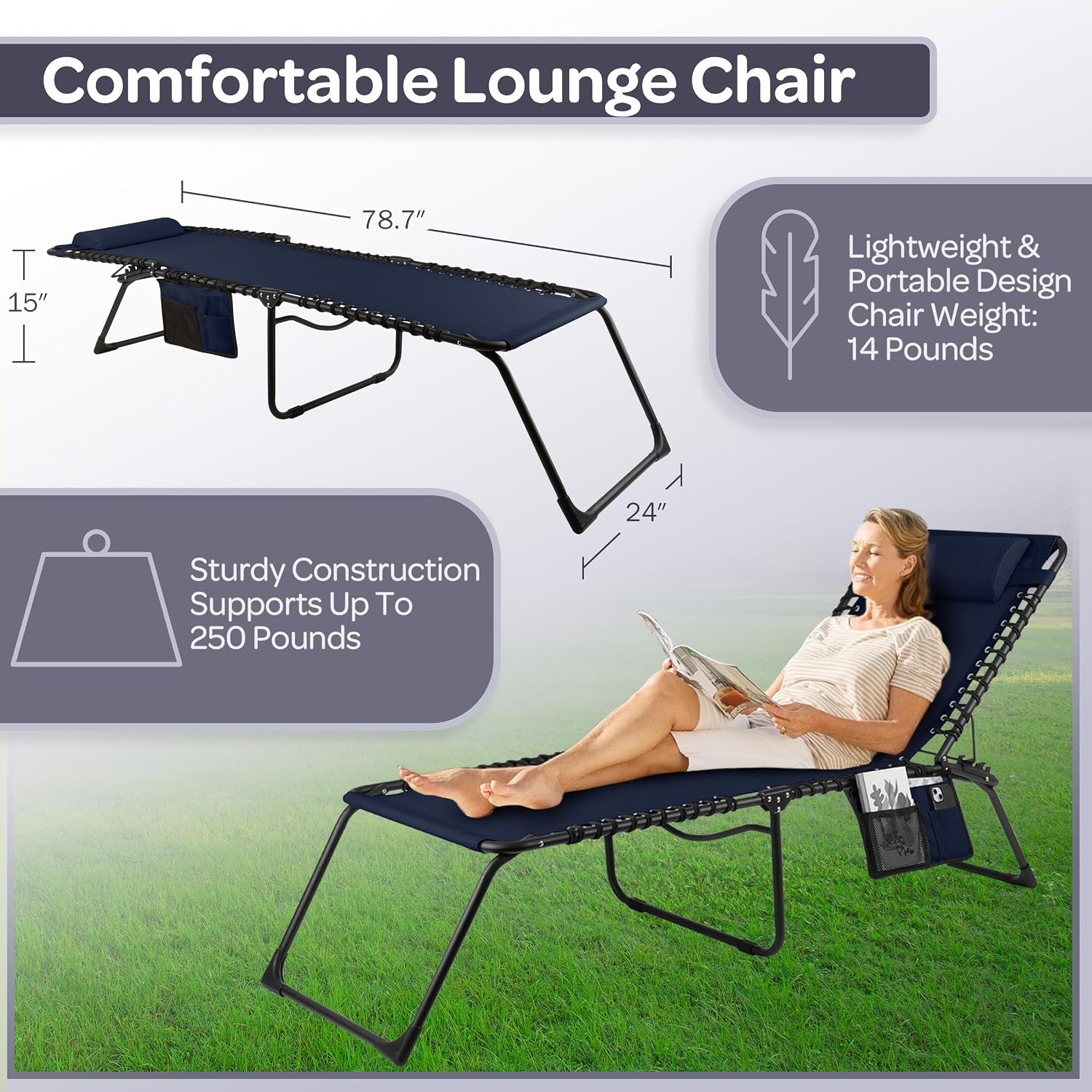 image:imageFolding Lounge Chair Outdoor Recliner 3 Position Chaise Lounge Outdoor Beach Tanning Chair with Side Pocket and Removable Pillow Portable Patio Furniture for Pool or Lawn by Lavish Home Navy