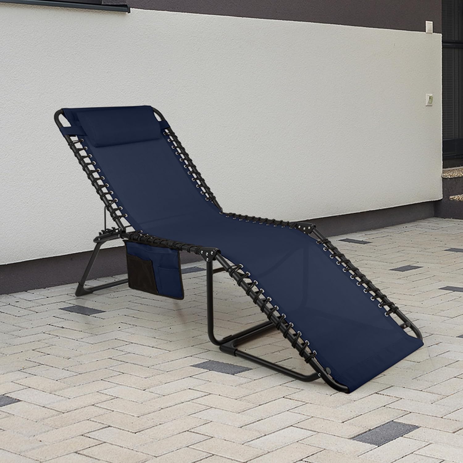 image:imageFolding Lounge Chair Outdoor Recliner 3 Position Chaise Lounge Outdoor Beach Tanning Chair with Side Pocket and Removable Pillow Portable Patio Furniture for Pool or Lawn by Lavish Home Navy