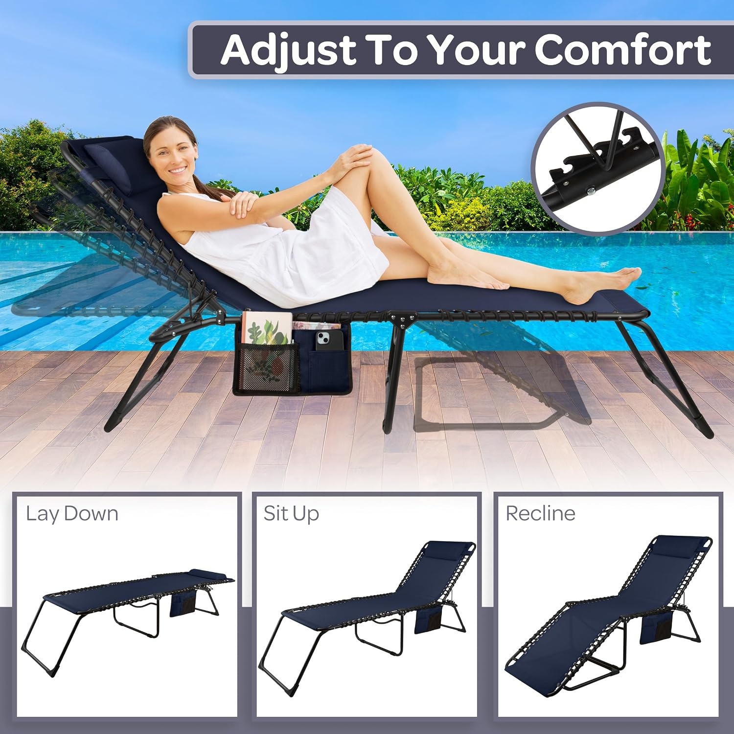 image:imageFolding Lounge Chair Outdoor Recliner 3 Position Chaise Lounge Outdoor Beach Tanning Chair with Side Pocket and Removable Pillow Portable Patio Furniture for Pool or Lawn by Lavish Home Navy