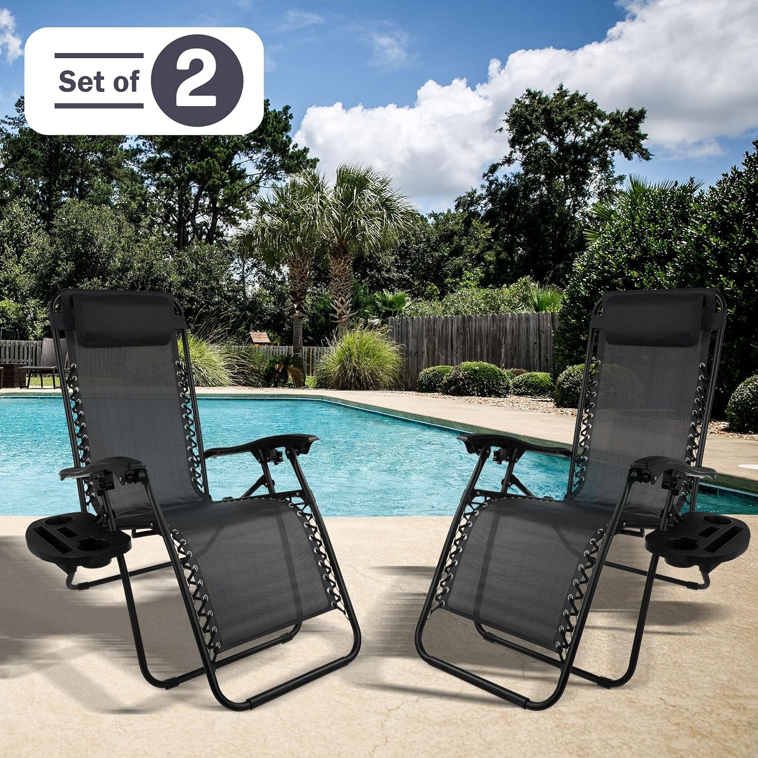 image:imageZero Gravity Chairs Set of 2 Outdoor Chairs with Side Tables with 2 Cupholders Phone and Tablet Holder and Chair Pillow by Lavish Home Black