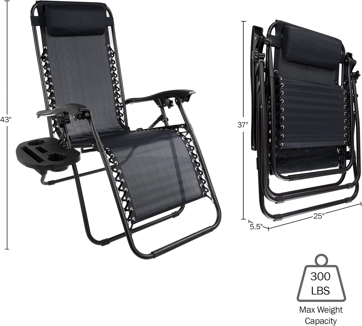 image:imageZero Gravity Chairs Set of 2 Outdoor Chairs with Side Tables with 2 Cupholders Phone and Tablet Holder and Chair Pillow by Lavish Home Black