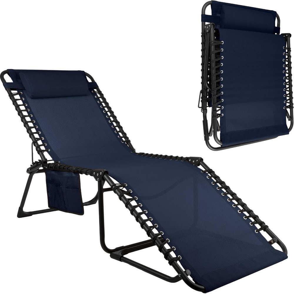 image:imageFolding Lounge Chair Outdoor Recliner 3 Position Chaise Lounge Outdoor Beach Tanning Chair with Side Pocket and Removable Pillow Portable Patio Furniture for Pool or Lawn by Lavish Home Navy