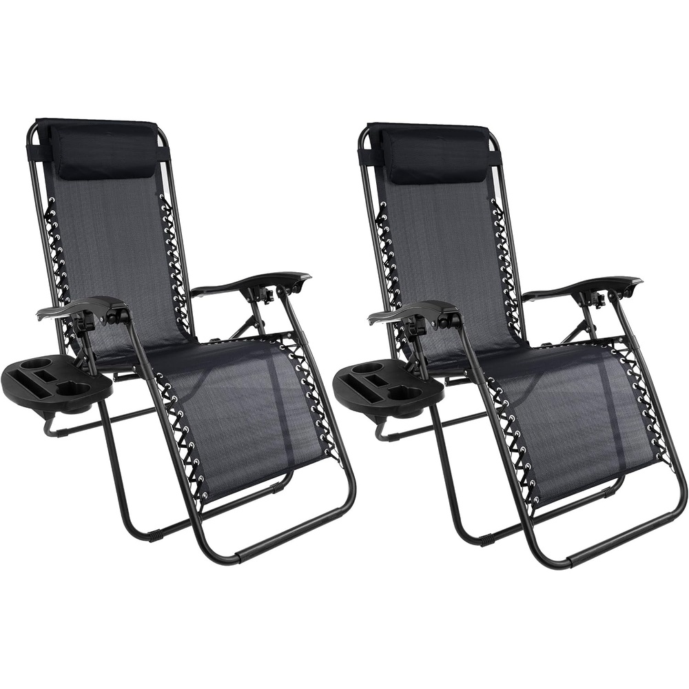 image:imageZero Gravity Chairs  Set of 2 Outdoor Chairs with Side Tables with 2 Cupholders Phone and Tablet Holder and Chair Pillow by Lavish Home Black