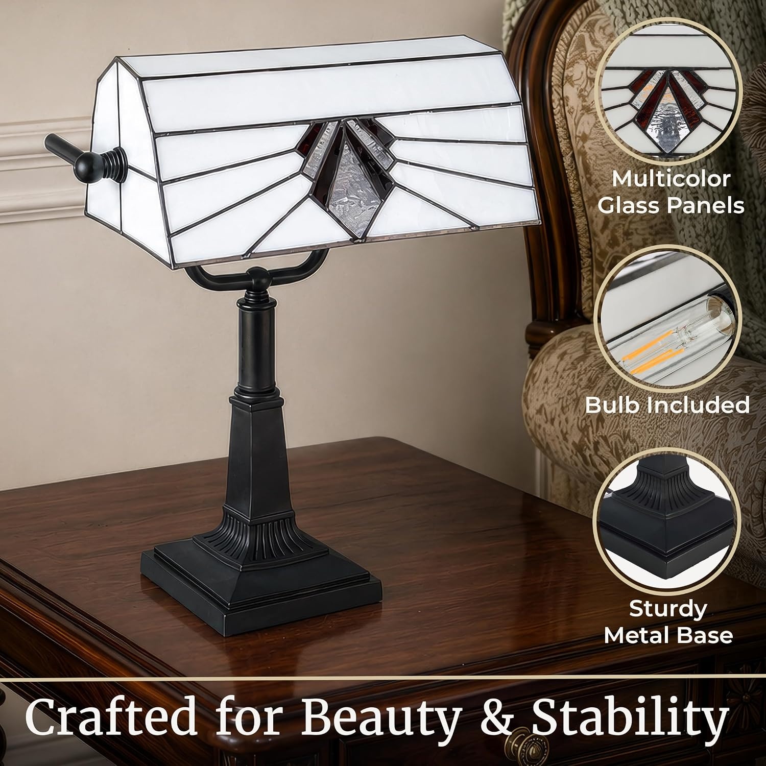 image:imageLavish Home Tiffany Style Bankers Desk Lamp with Stained Glass Shade Black