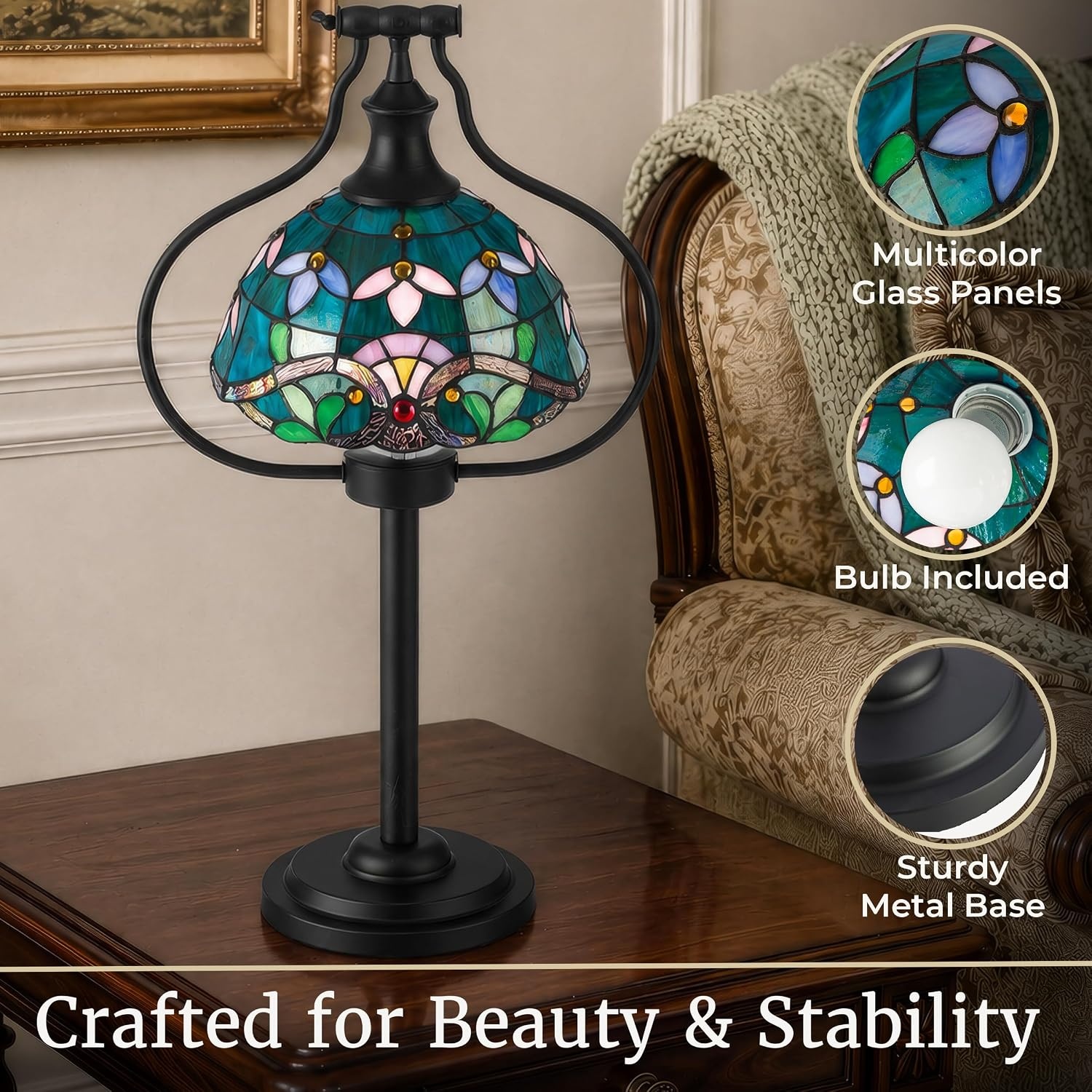image:imageLavish Home Tiffany Style Table Lamp with Stained Glass Shade Bronze