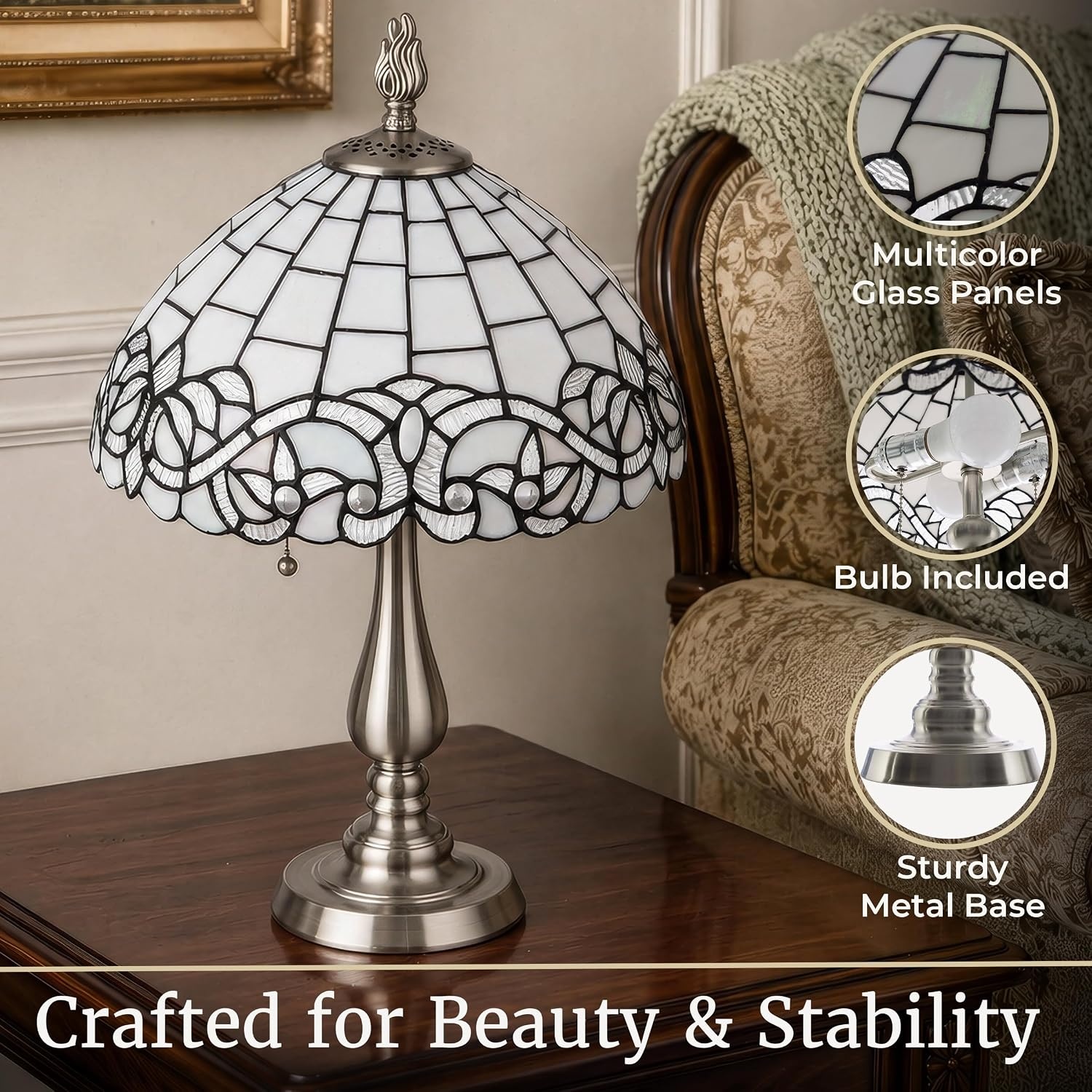 image:imageLavish Home Tiffany Style Table Lamp with Stained Glass Shade BronzeSilver