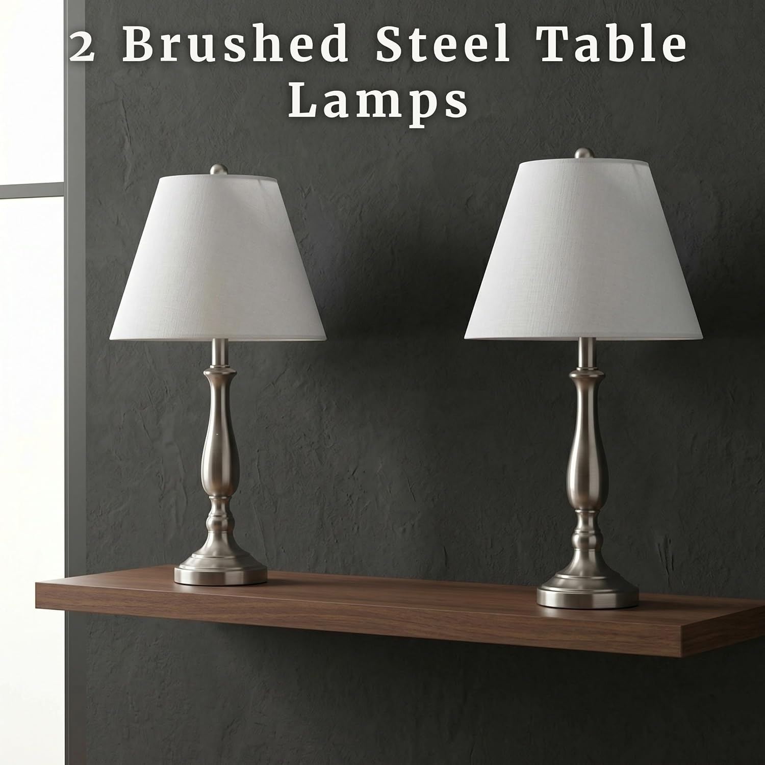 image:imageBrushed Steel Table Lamps Set of 2 Traditional Accent Lights with LED Bulbs Home Dcor for Bedroom Living Room Office or Entry by Lavish Home
