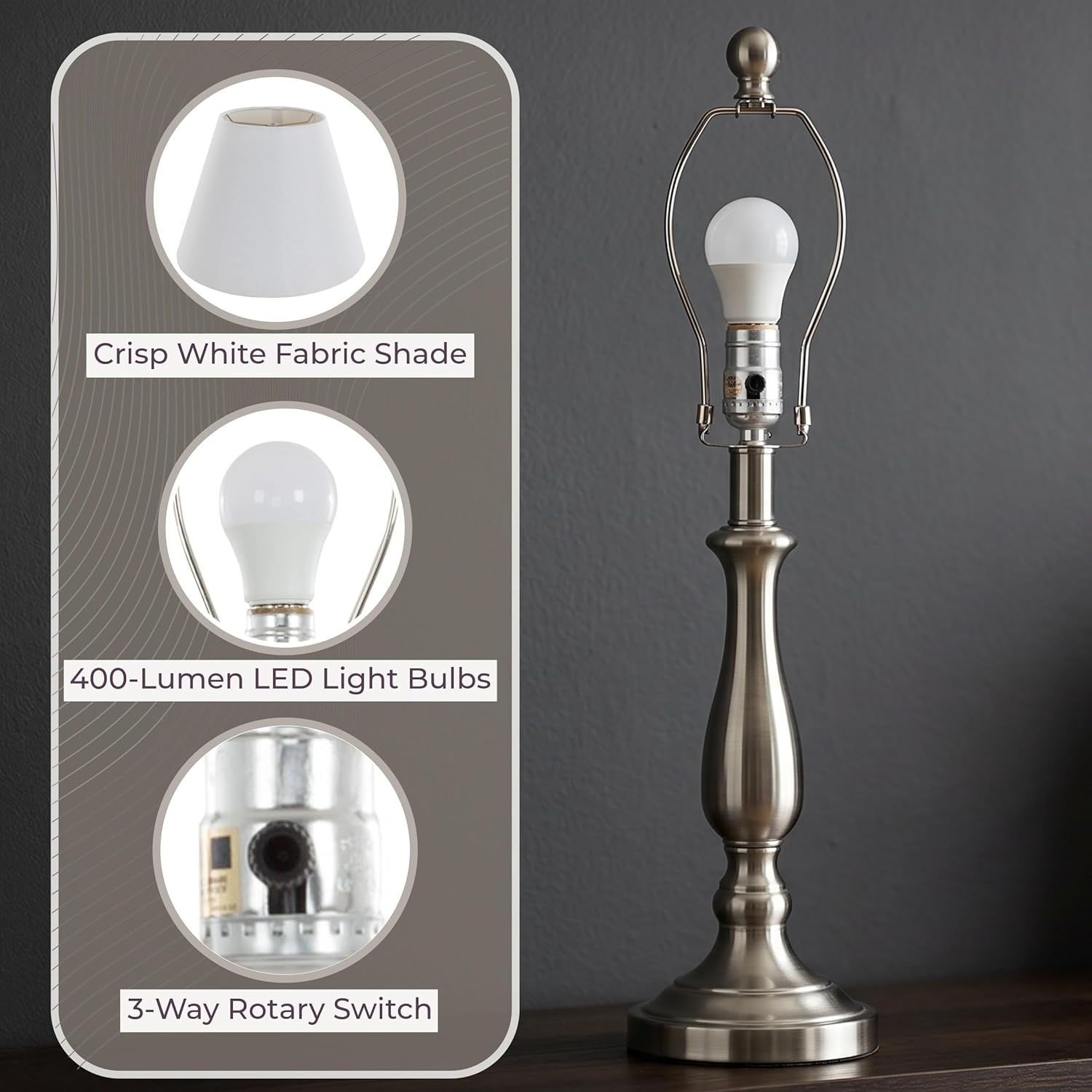 image:imageBrushed Steel Table Lamps Set of 2 Traditional Accent Lights with LED Bulbs Home Dcor for Bedroom Living Room Office or Entry by Lavish Home