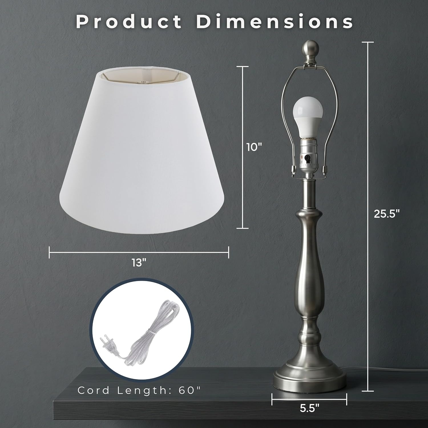 image:imageBrushed Steel Table Lamps Set of 2 Traditional Accent Lights with LED Bulbs Home Dcor for Bedroom Living Room Office or Entry by Lavish Home