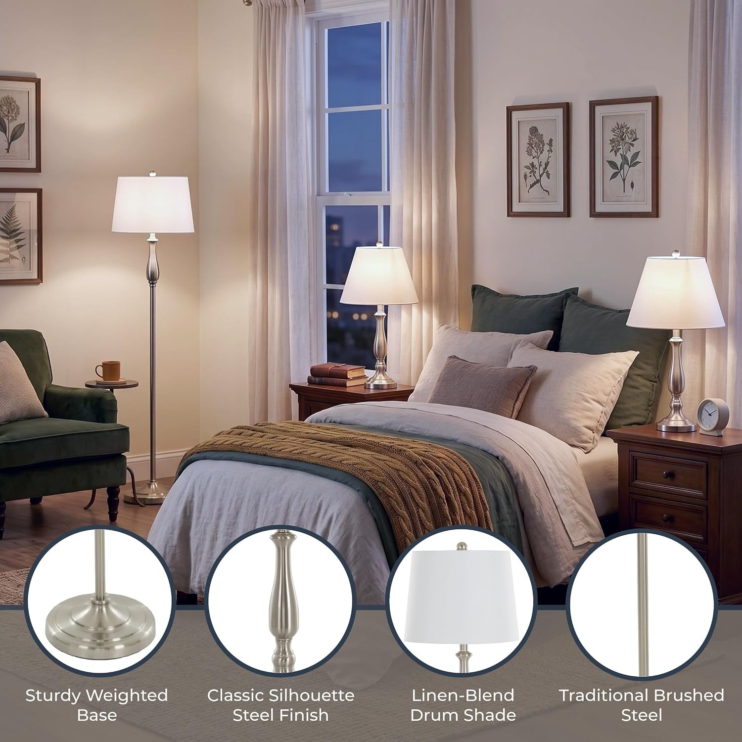 image:imageLavish Home 3Piece Home Lighting Set Coordinating Bundle with 2 Table Lamps and 1 Floor Lamp for Home and Office Decor SilverWhite and Brushed Steel